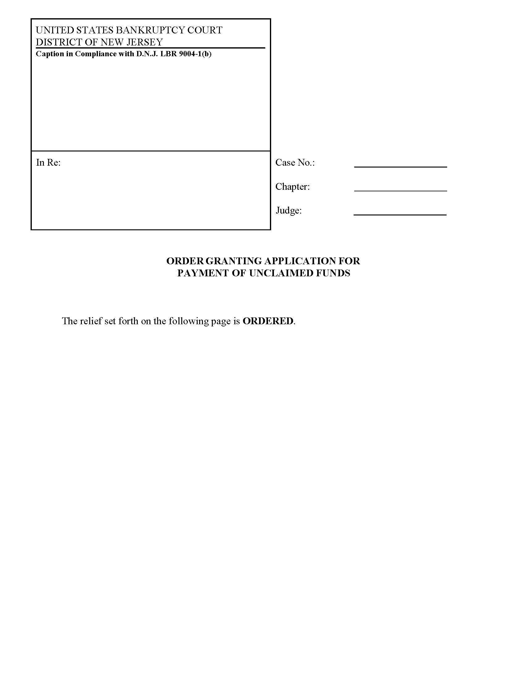 Order Granting Application For Payment Of Unclaimed Funds {NJB 1340OrdG} | Pdf Fpdf Doc Docx | New Jersey