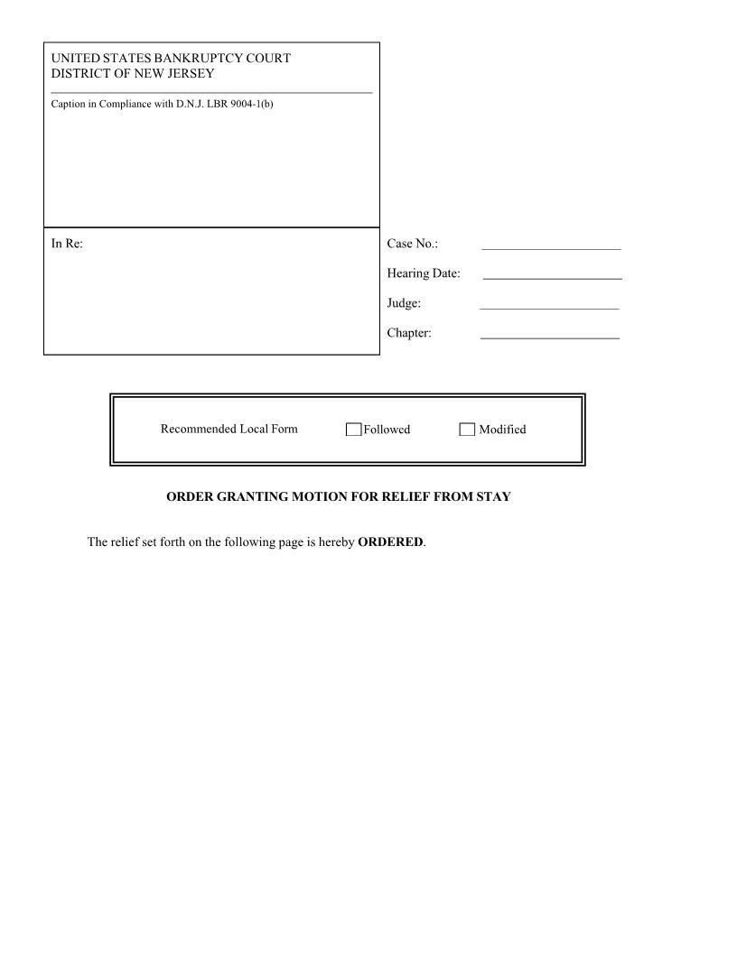 Order Granting Motion For Relief From Stay | Pdf Fpdf Docx | New Jersey