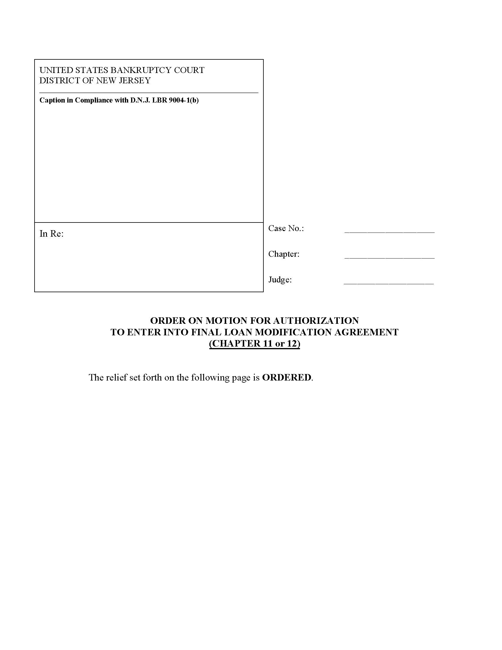Order On Motion For Authorization To Enter Into Final Loan Modification Agreement Chapter 11 or 12 | Pdf Fpdf Docx | New Jersey