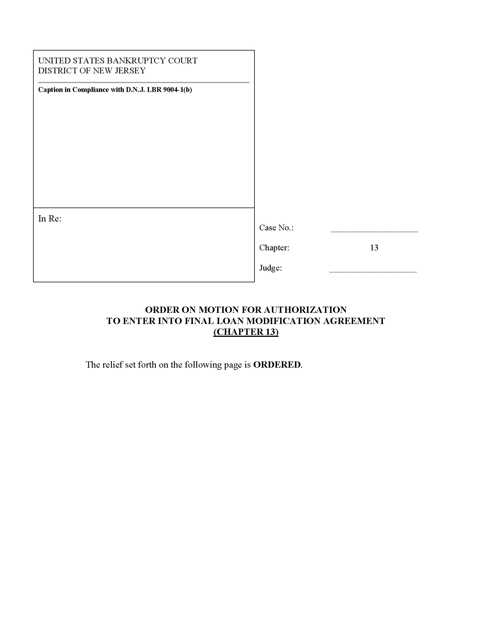 Order On Motion For Authorization To Enter Into Final Loan Modification Agreement Chapter 13 | Pdf Fpdf Docx | New Jersey