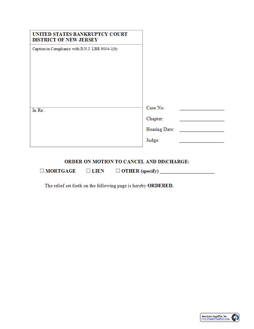 Order On Motion To Cancel And Discharge Mortgage Or Lien {NJB OMCDML} | Pdf Fpdf Docx | New Jersey