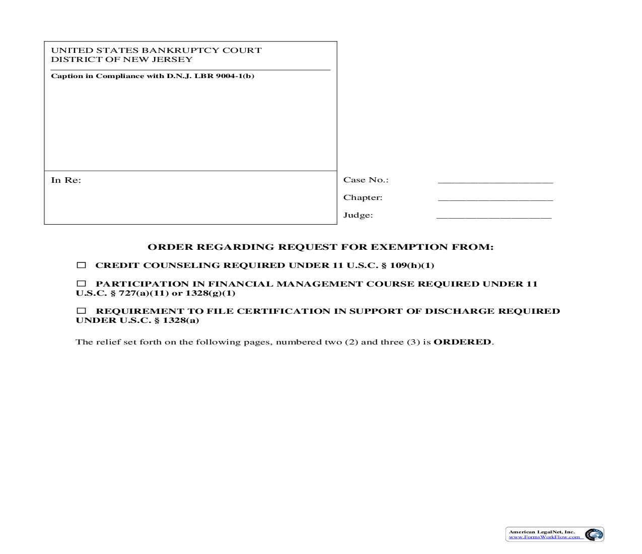 Order On Request For Exemption From Credit Counseling Financial Management Or Certification In Support Of Discharge | Pdf Fpdf Doc Docx | New Jersey