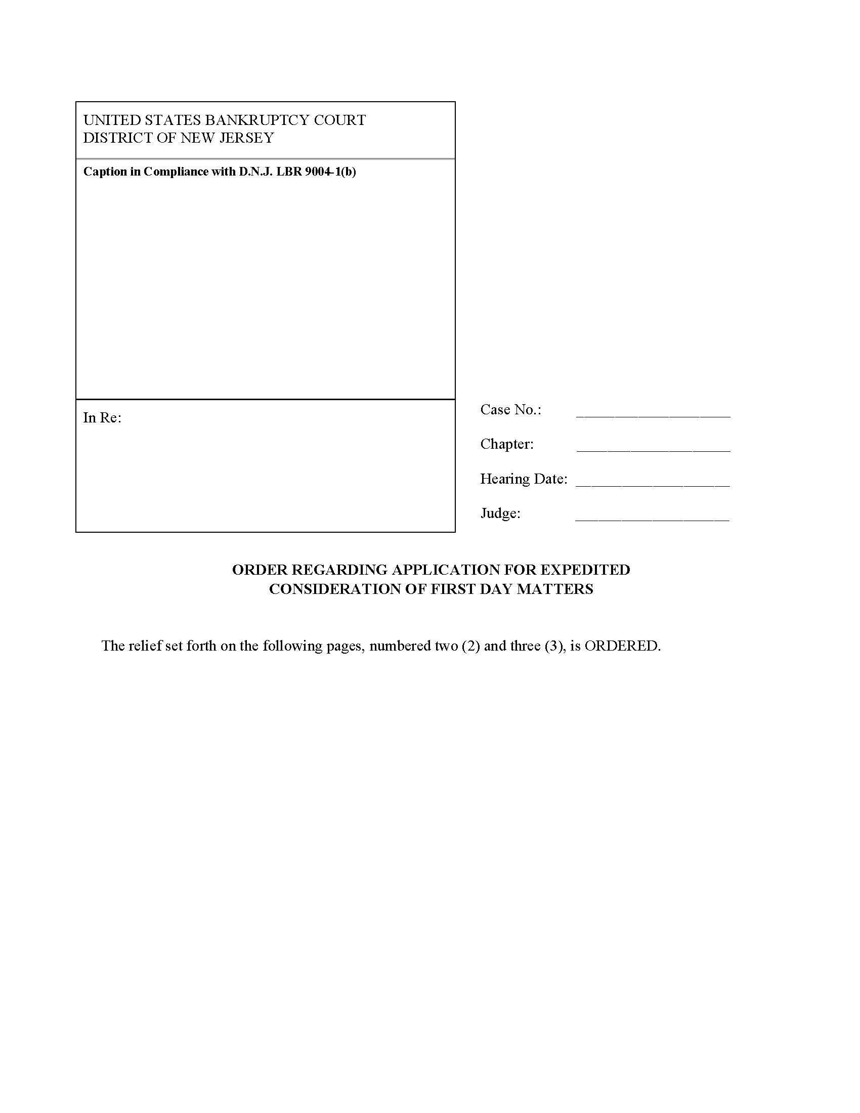 Order Regarding Application For Expedited Consideration Of First Day Matters {NJB ORAEC} | Pdf Fpdf Docx | New Jersey