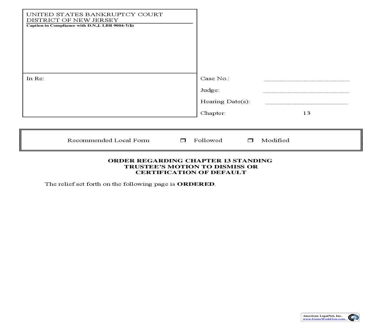 Order Regarding Chapter 13 Standing Trustees Motion To Dismiss Or Certification Of Default | Pdf Fpdf Doc Docx | New Jersey