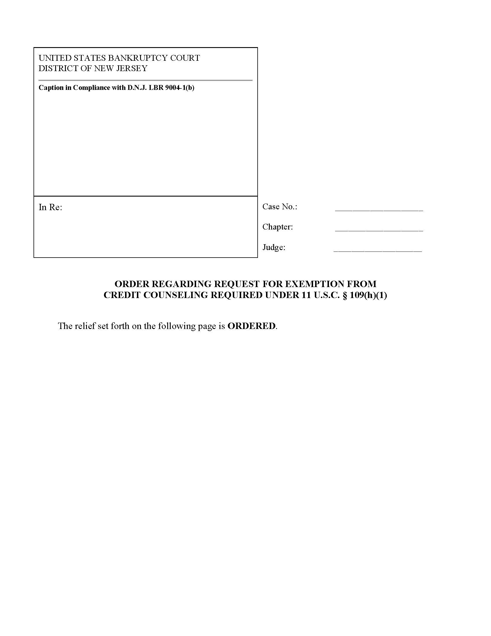 Order Regarding Request For Exemption From Credit Counseling  | Pdf Fpdf Doc Docx | New Jersey