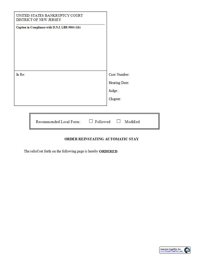 Order Reinstating Automatic Stay {NJB ORAS} | Pdf Fpdf Docx | New Jersey