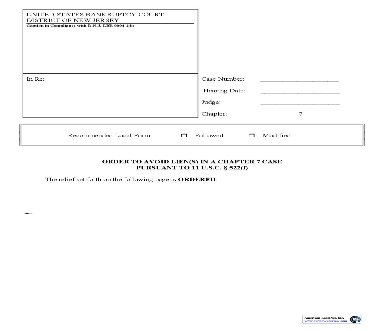 Order To Avoid Liens In A Chapter 7 Case | Pdf Fpdf Doc Docx | New Jersey
