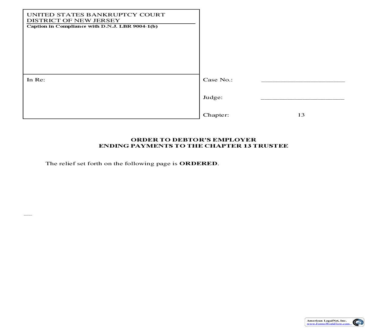 Order To Debtors Employer Ending Payments To Chapter 13 Trustee | Pdf Fpdf Doc Docx | New Jersey