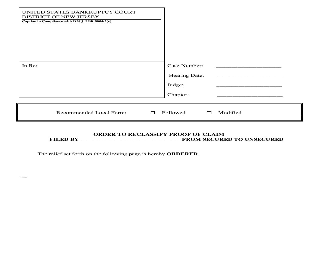 Order To Reclassify Proof Of Claim From Secured To Unsecured | Pdf Fpdf Doc Docx | New Jersey