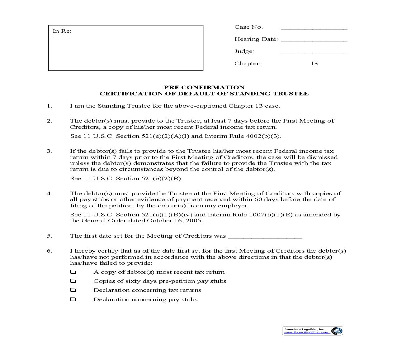 Pre Confirmation Certification Of Default Of Standing Trustee | Pdf Fpdf Doc Docx | New Jersey