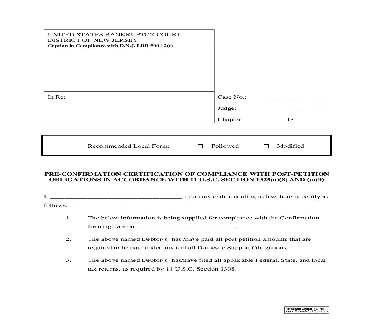 Pre-Confirmation Certification Of Compliance With Post-Petition Obligations - 11 USC Section 1325(a)(8) And (a)(9) | Pdf Fpdf Doc Docx | New Jersey