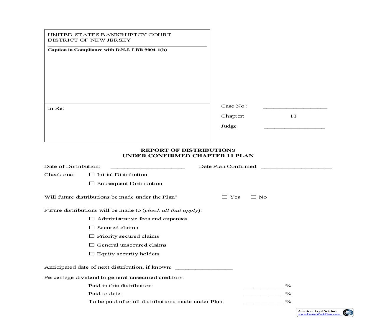 Report of Distributions Under Confirmed Chapter 11 Plan {NJB RD11} | Pdf Fpdf Doc Docx | New Jersey