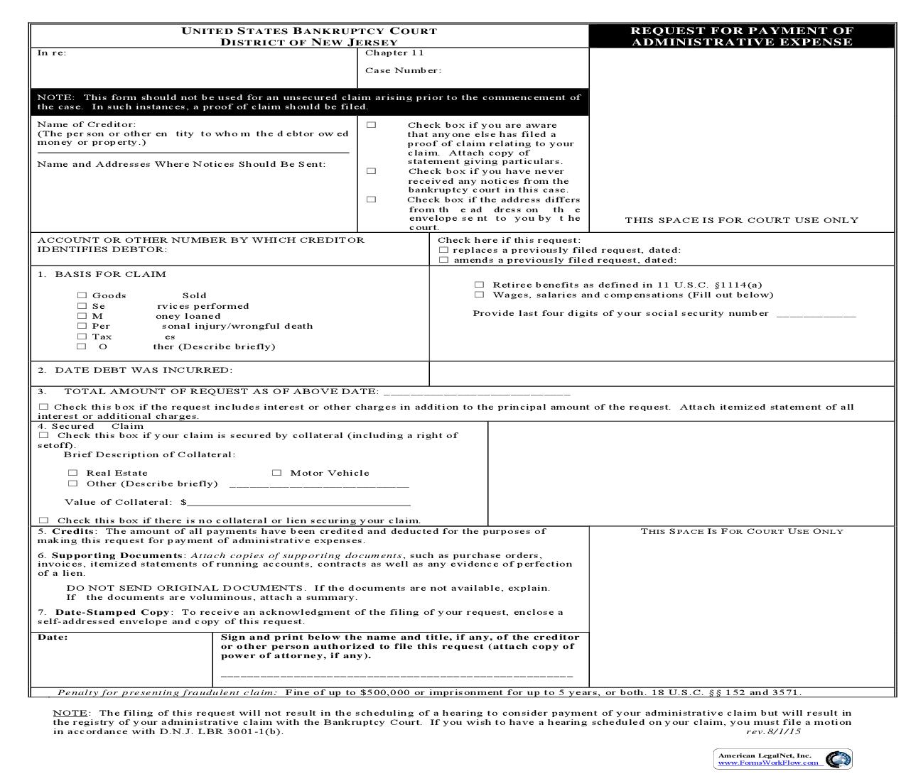 Request For Payment Of Administrative Expense | Pdf Fpdf Doc Docx | New Jersey
