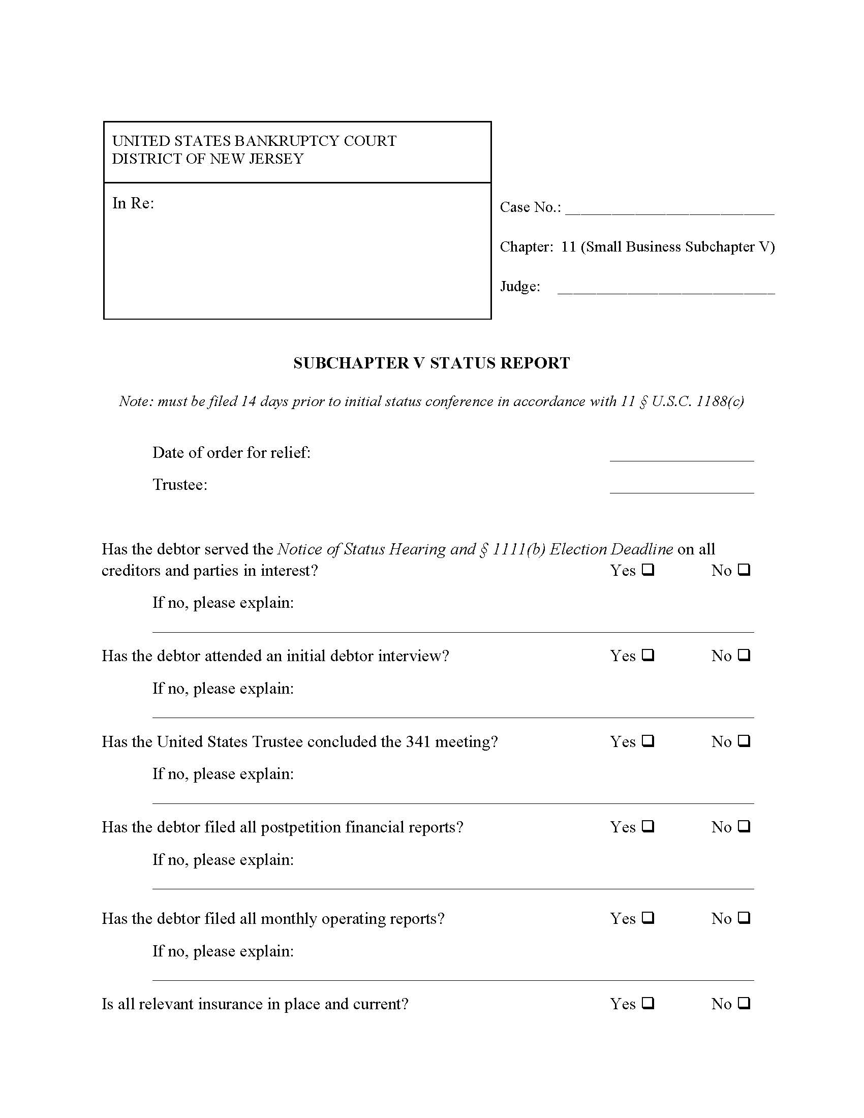Subchapter V Status Report {NJB SVSR} | Pdf Fpdf Docx | New Jersey