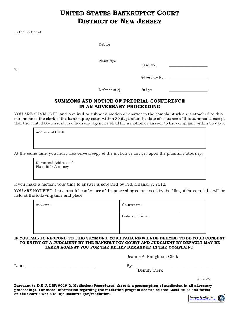 Summons And Notice Of Pretrial Conference In An Adversary Proceeding | Pdf Fpdf Docx | New Jersey