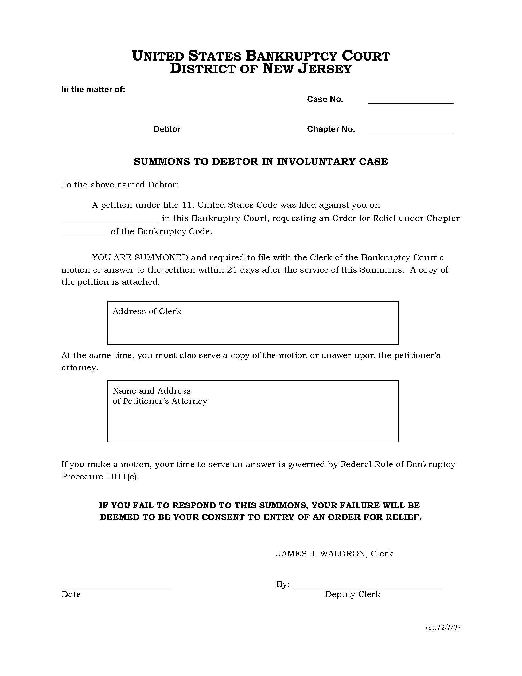 Summons To Debtor In Involuntary Case | Pdf Fpdf Doc Docx | New Jersey
