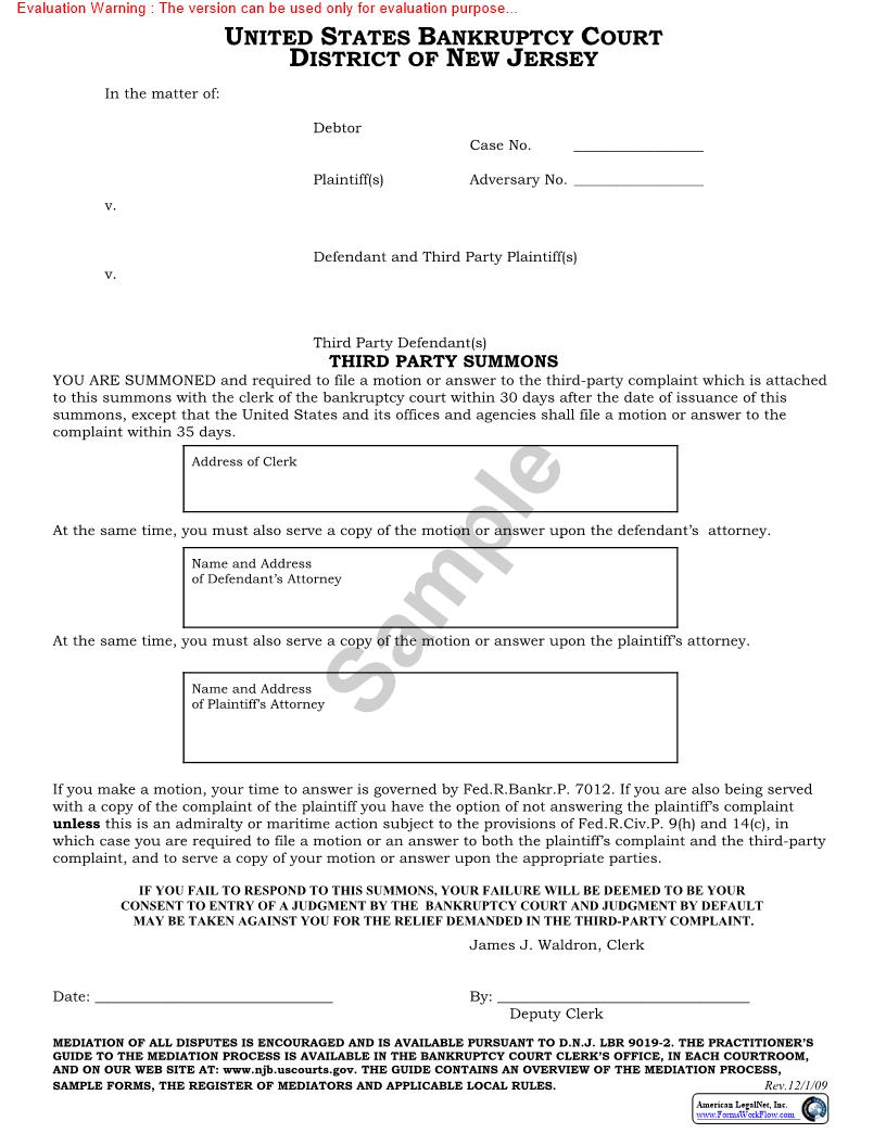 Third-Party Summons | Pdf Fpdf Doc Docx | New Jersey