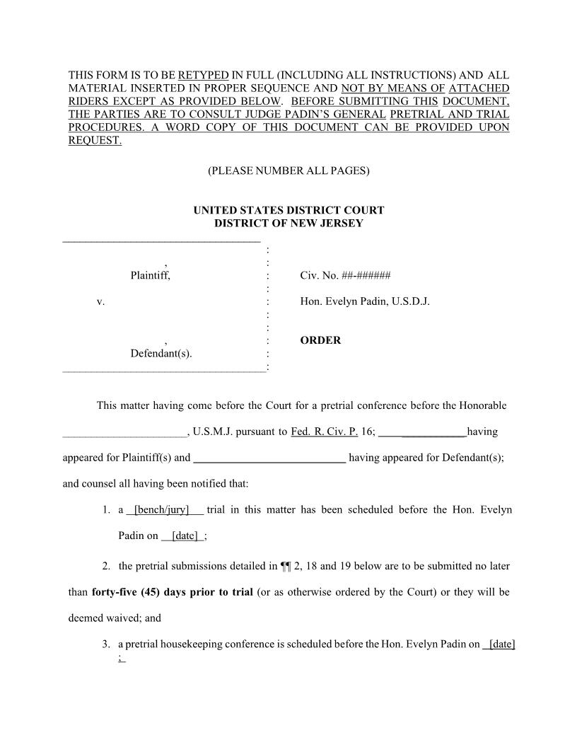 (Proposed Final Pretrial) Order (Judge Padin) {NJD PFPO-EP} | Pdf Fpdf Docx | New Jersey