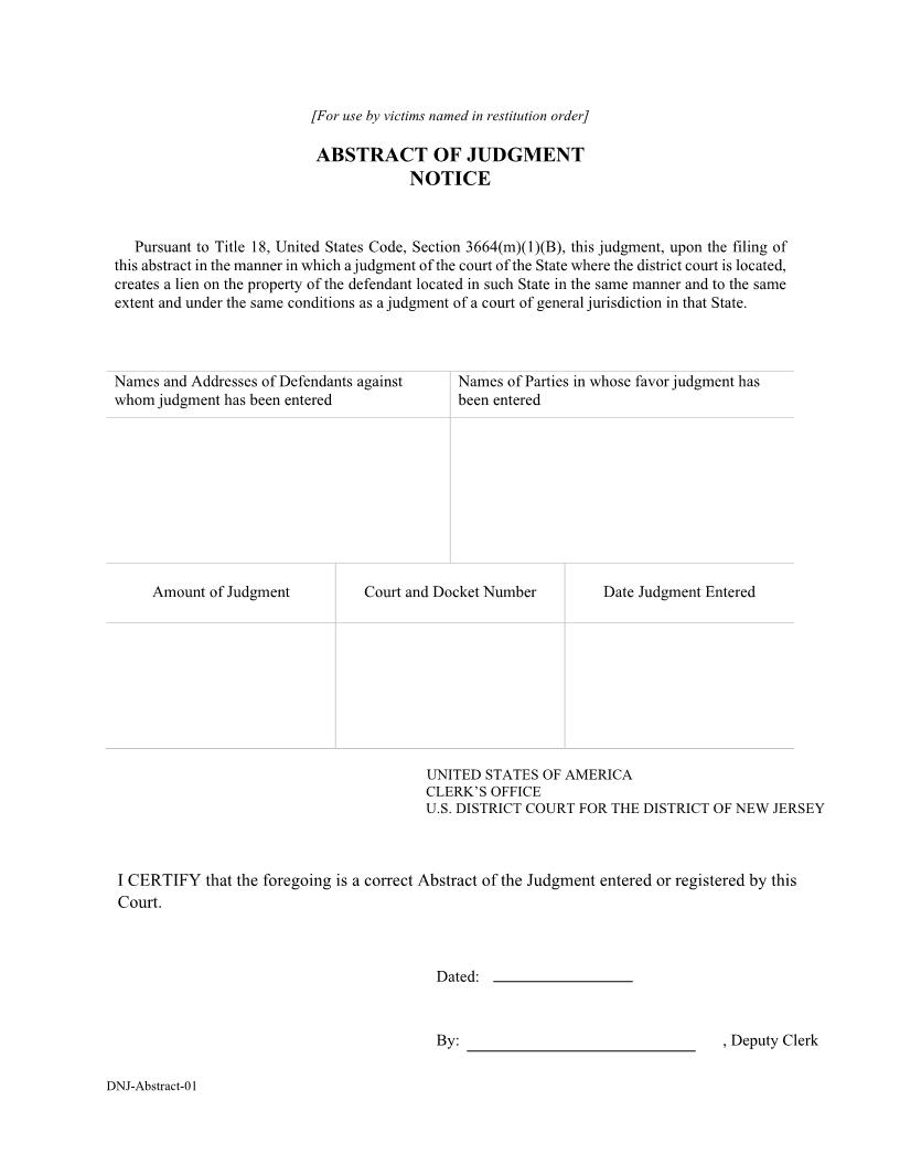Abstract Of Judgment Notice {NJD AJN} | Pdf Fpdf Doc Docx | New Jersey