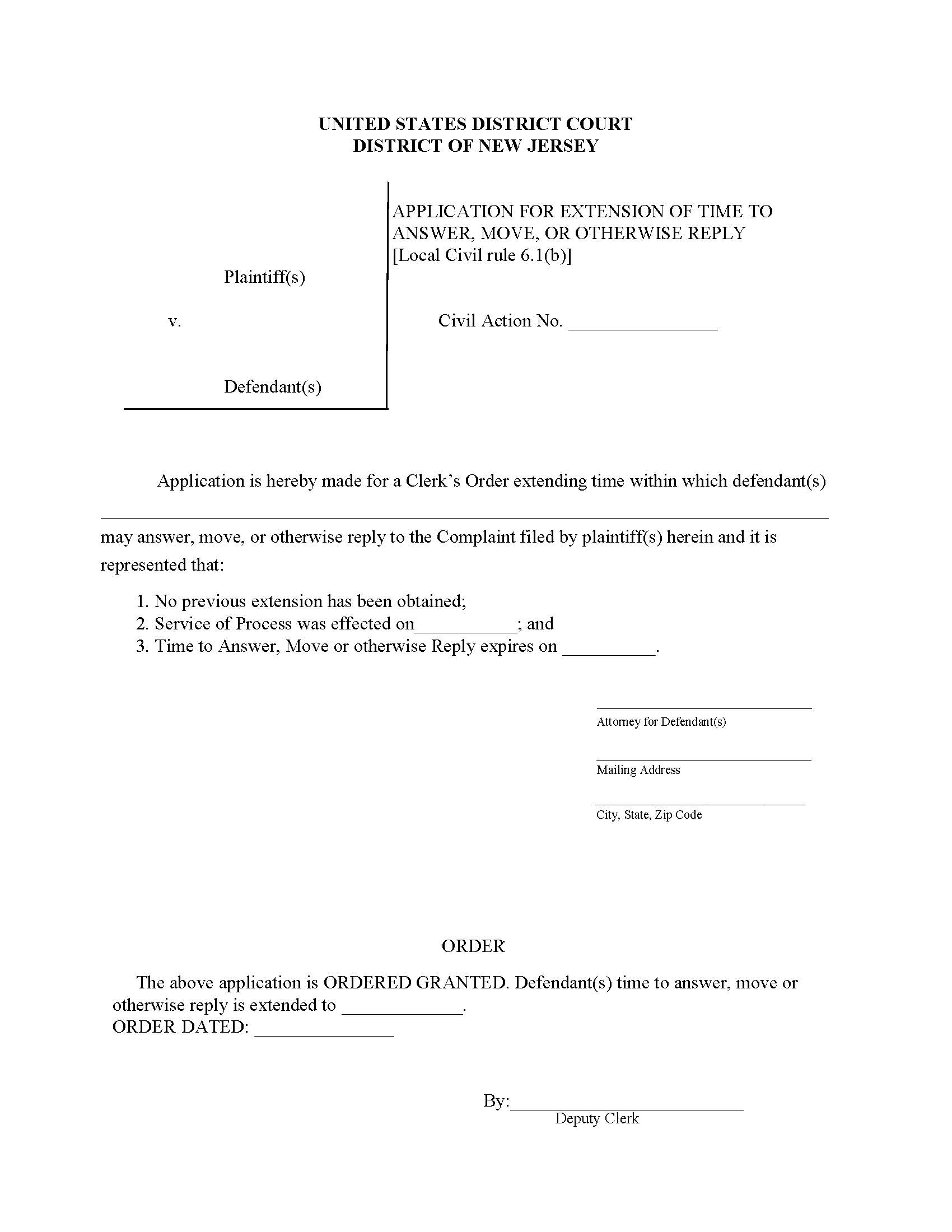 Application For Extension Of Time To Answer Move Or Reply | Pdf Fpdf Docx | New Jersey
