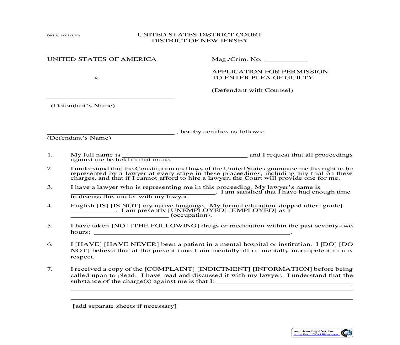 Application For Permission To Enter Plea Of Guilty (Rule 11) {DNJ-R11-003} | Pdf Fpdf Doc Docx | New Jersey