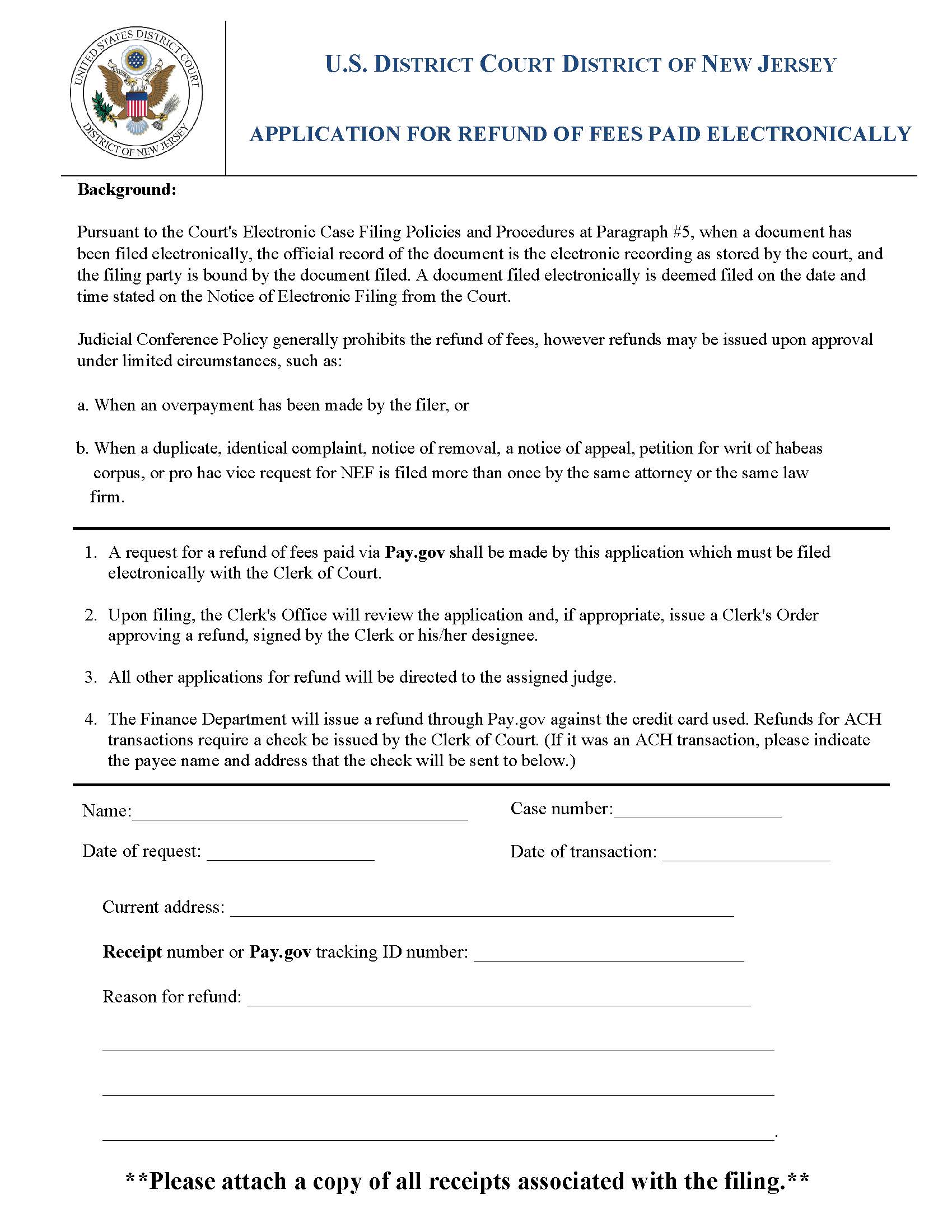 Application For Refund Of Fees Paid Electronically | Pdf Fpdf Docx | New Jersey