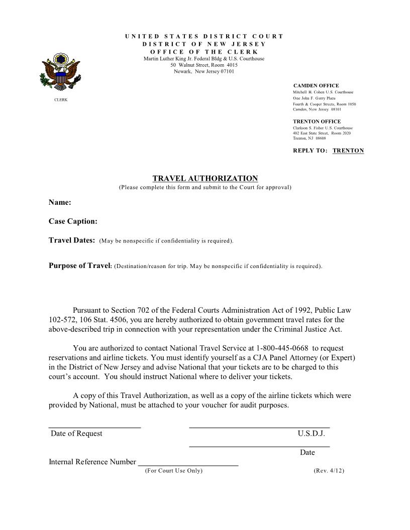 CJA Travel Authorization {NJD CJA-TA} | Pdf Fpdf Doc Docx | New Jersey