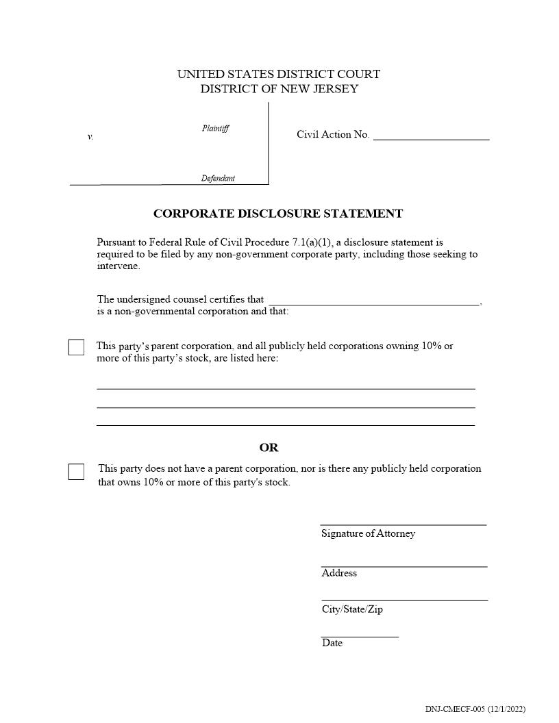 Corporate Disclosure Statement {DNJ-CMECF-005} | Pdf Fpdf Docx | New Jersey
