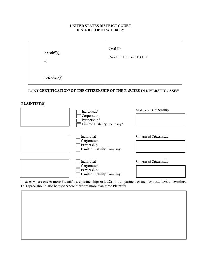Joint Certification Of Citizenship Of Parties In Diversity Cases (Judge Hillman) {NJD JCCPDC-NLH} | Pdf Fpdf Docx | New Jersey