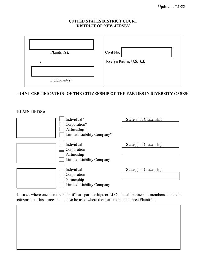 Joint Certification Of Citizenship Of Parties In Diversity Cases (Judge Padin) {NJD JCCPDC-EP} | Pdf Fpdf Docx | New Jersey