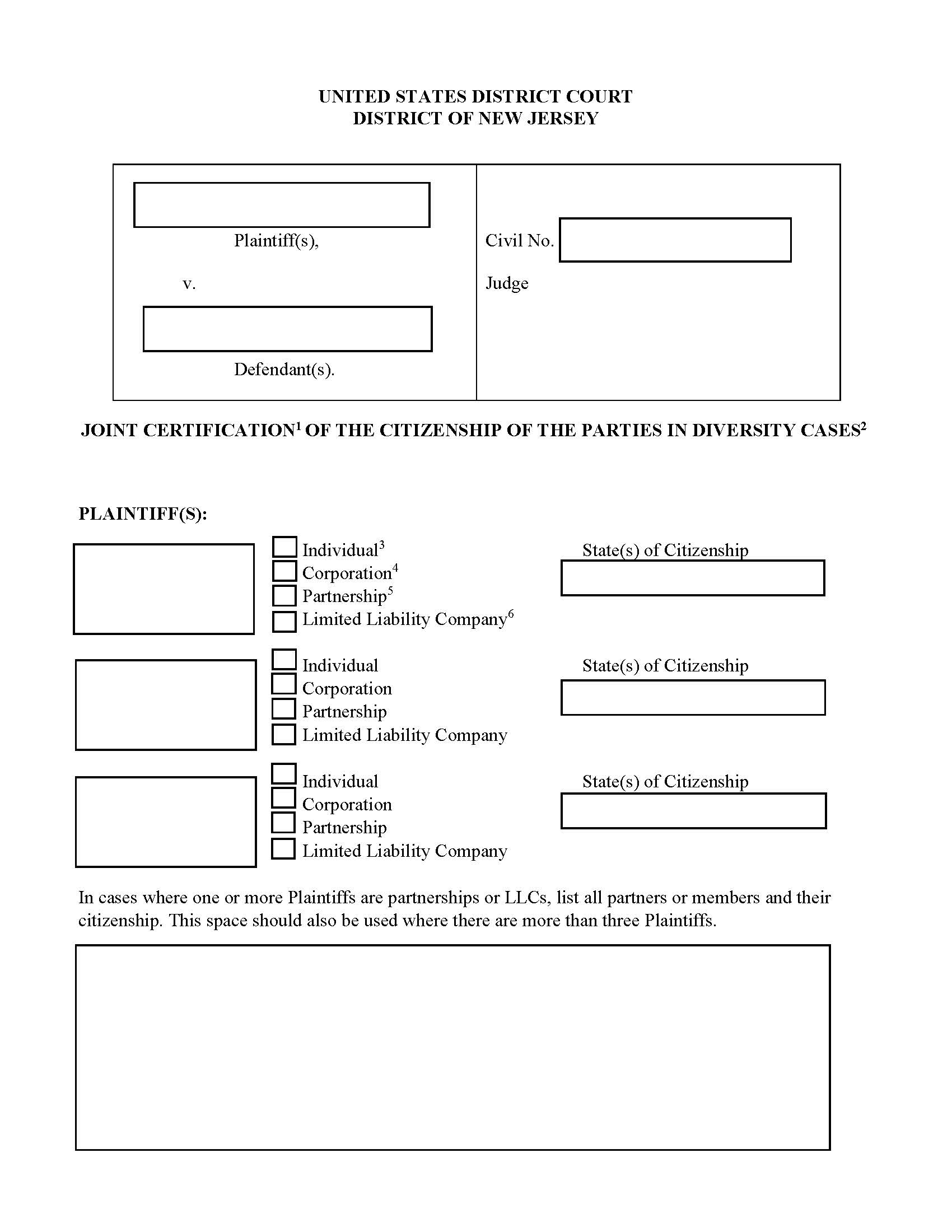 Joint Certification Of Citizenship Of Parties In Diversity Cases | Pdf Fpdf Docx | New Jersey