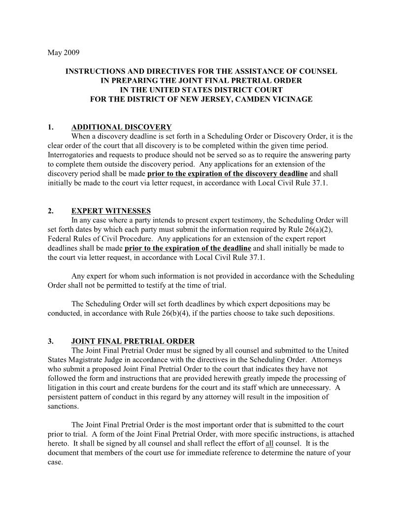 Joint Pretrial Order (Camden) {NJD JPTO-C} | Pdf Fpdf Docx | New Jersey
