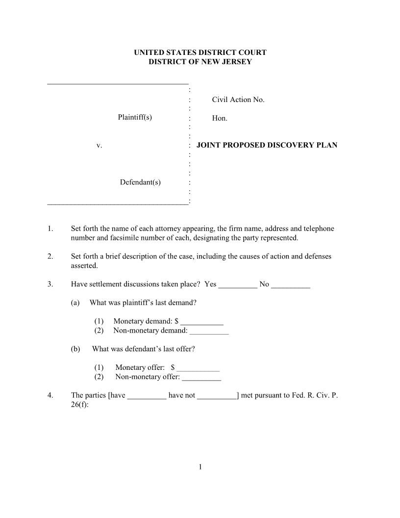 Joint Proposed Discovery Plan (Judge Espinosa) {NJD JPDP-AME} | Pdf Fpdf Docx | New Jersey