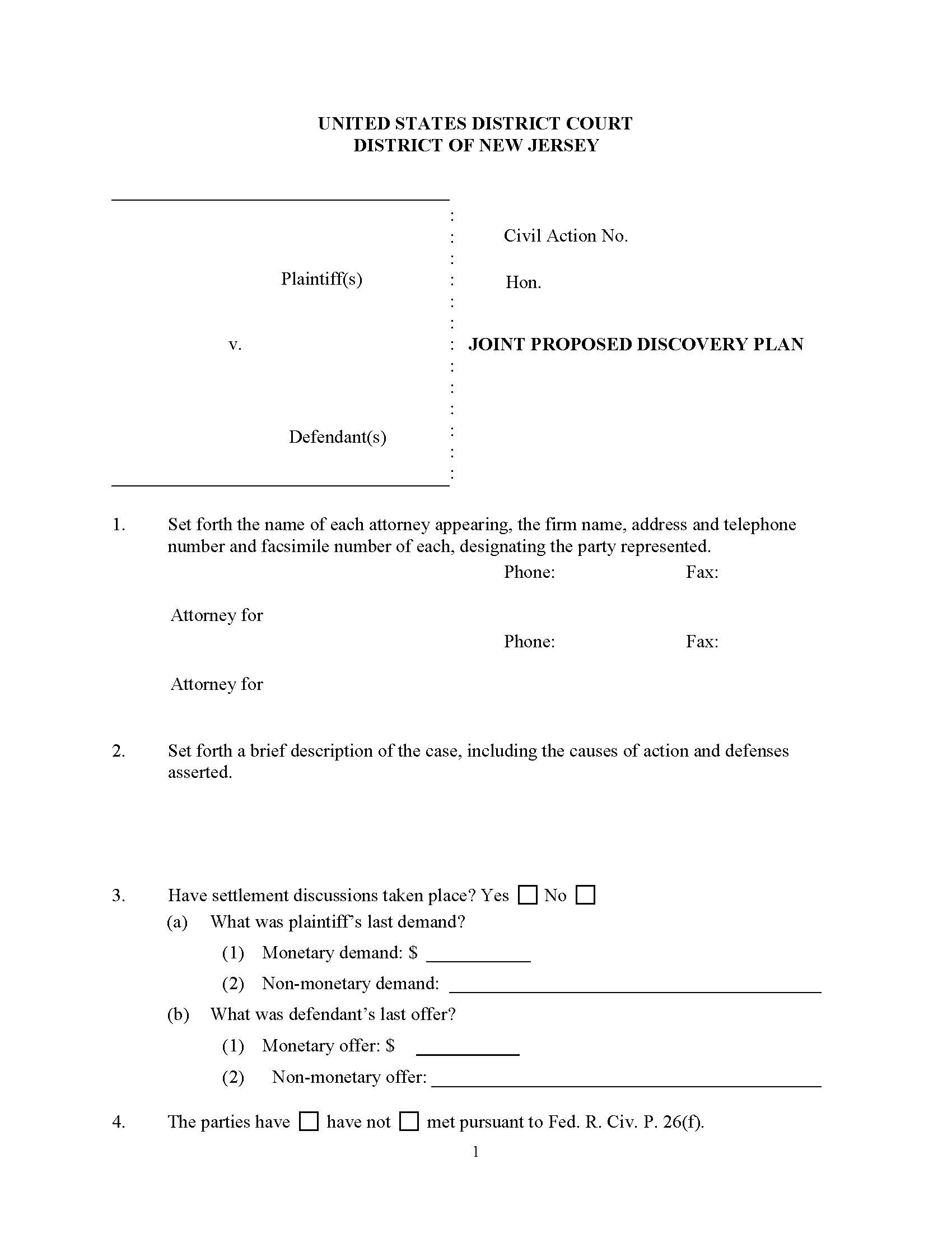 Joint Proposed Discovery Plan (Judge Singh) {NJD JPDP-RLS} | Pdf Fpdf Docx | New Jersey