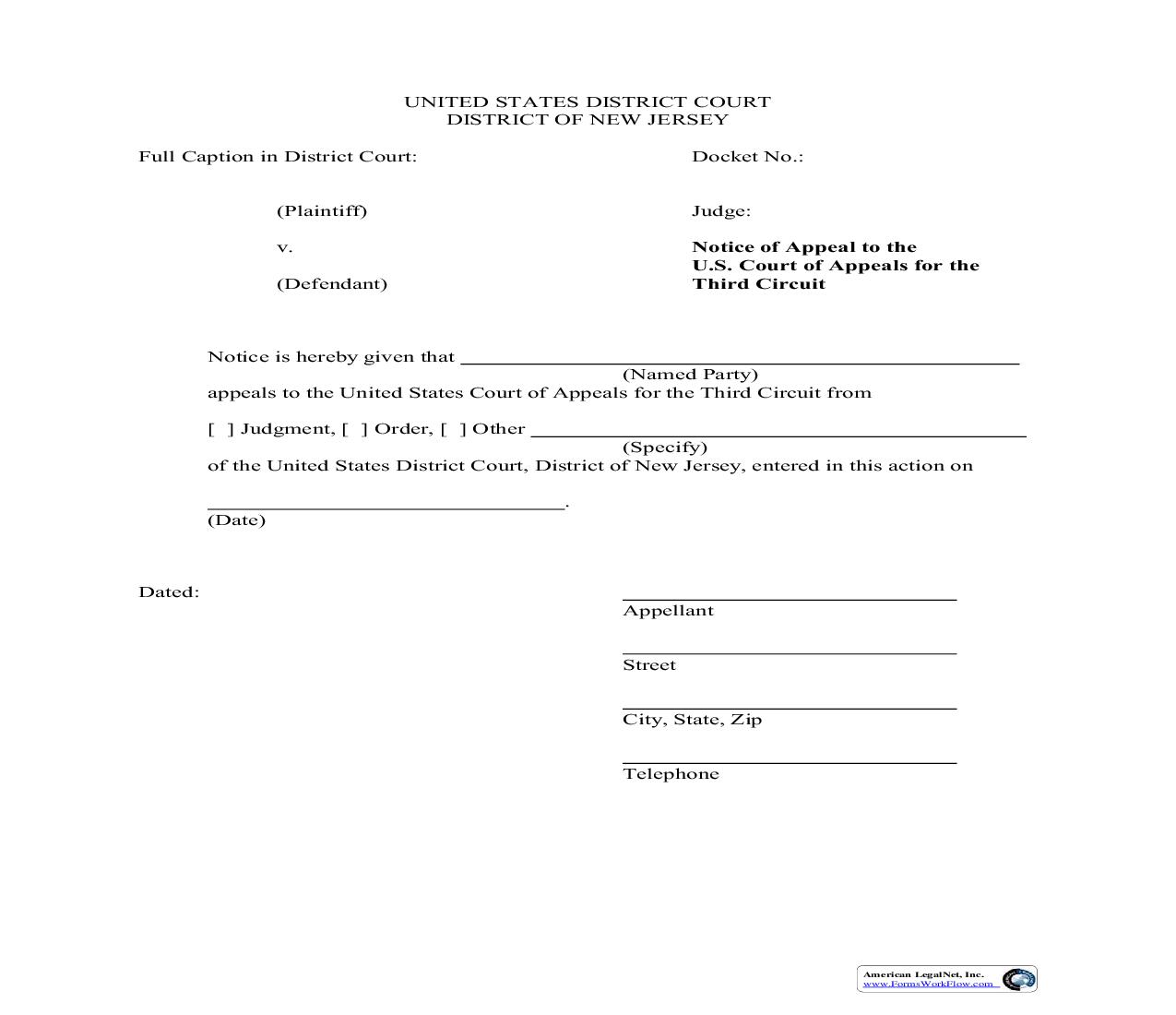 Notice Of Appeal To The U.S. Court Of Appeals For The Third Circuit | Pdf Fpdf Doc Docx | New Jersey