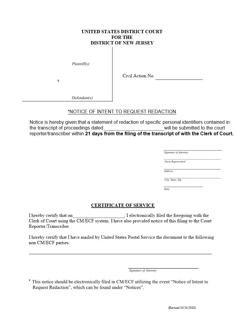 Notice Of Intent To Request Redaction {DNJ-CMECF-006} | Pdf Fpdf Doc Docx | New Jersey