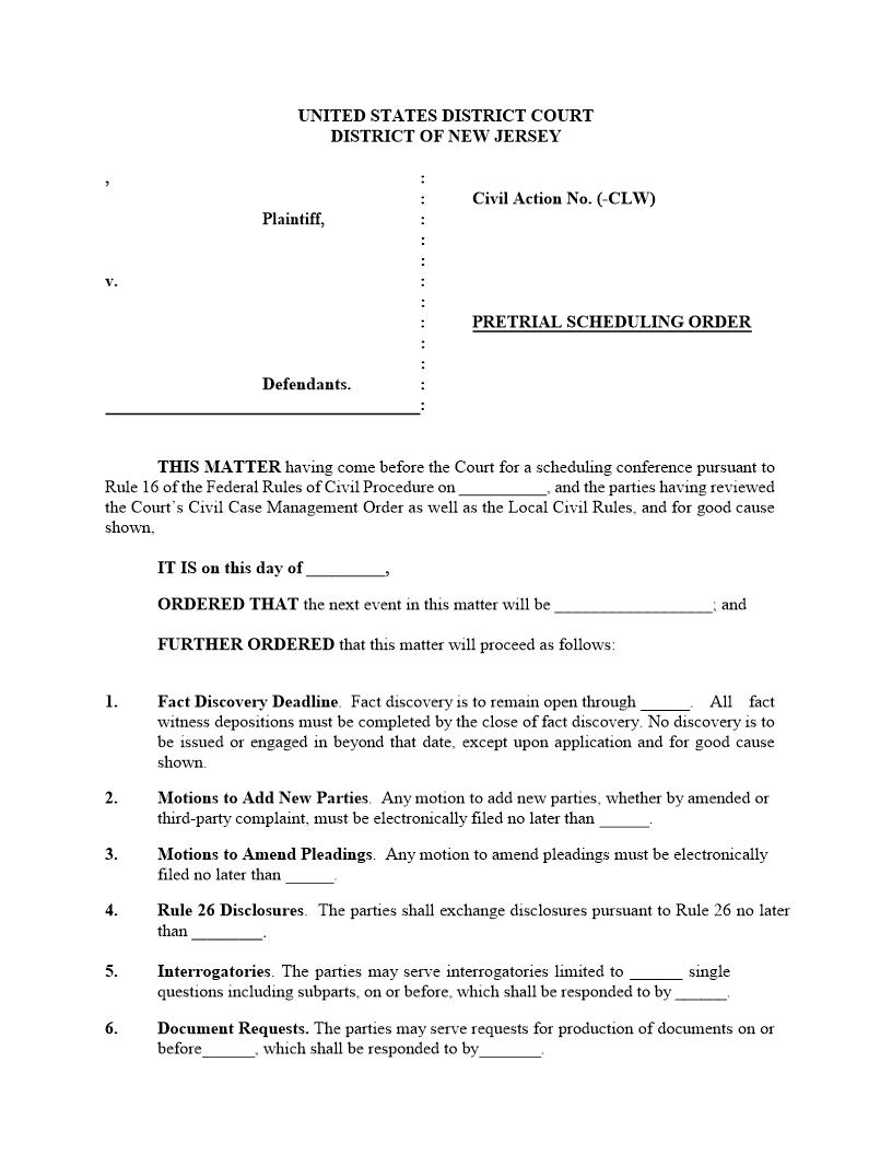 Pretrial Scheduling Order (Template) (Mag. Judge Waldor) {PSOT-MJW} | Pdf Fpdf Docx | New Jersey
