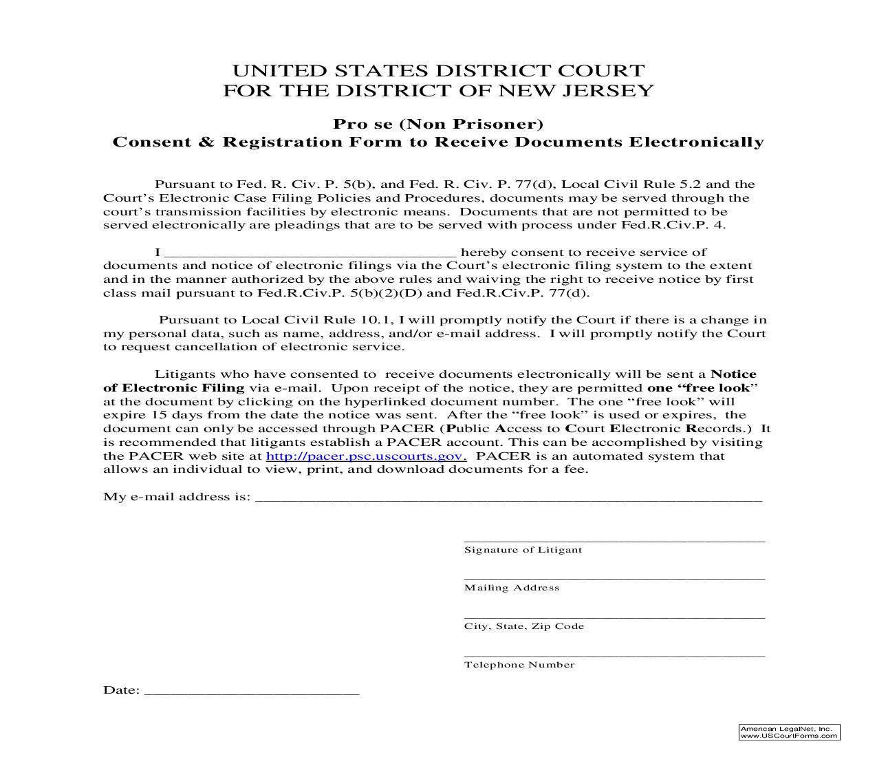 Pro Se (Non Prisoner) Consent And Registration Form to Receive Documents Electronically | Pdf Fpdf Doc Docx | New Jersey