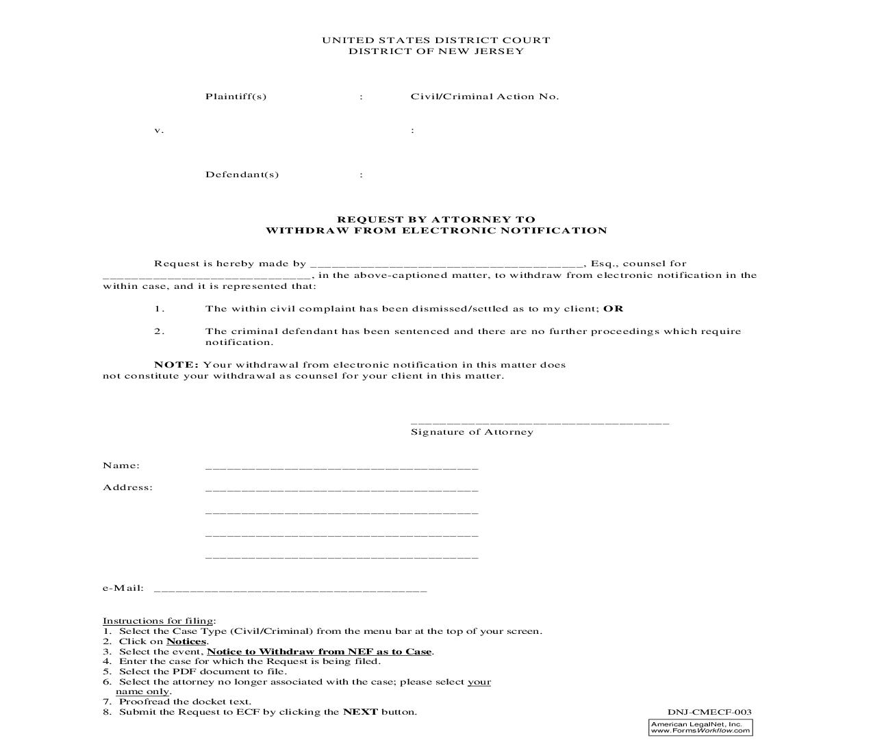 Request By  Attorney To Withdraw From Electronic Notification | Pdf Fpdf Doc Docx | New Jersey