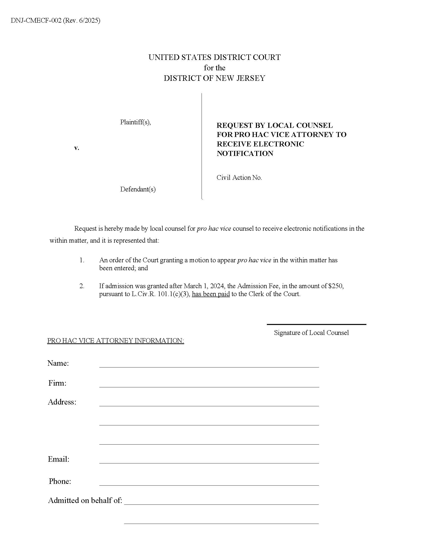 Request By Local Counsel For Pro Hac Vice Attorney To Receive Electronic Notification | Pdf Fpdf Doc Docx | New Jersey