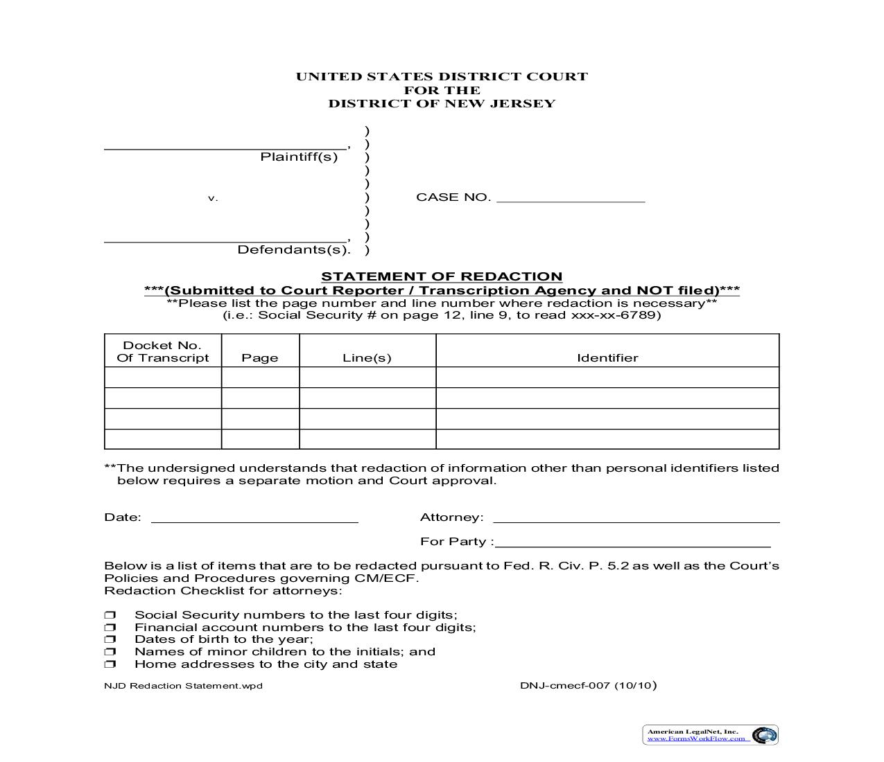 Statement Of Redaction {DNJ-CMECF-007} | Pdf Fpdf Doc Docx | New Jersey