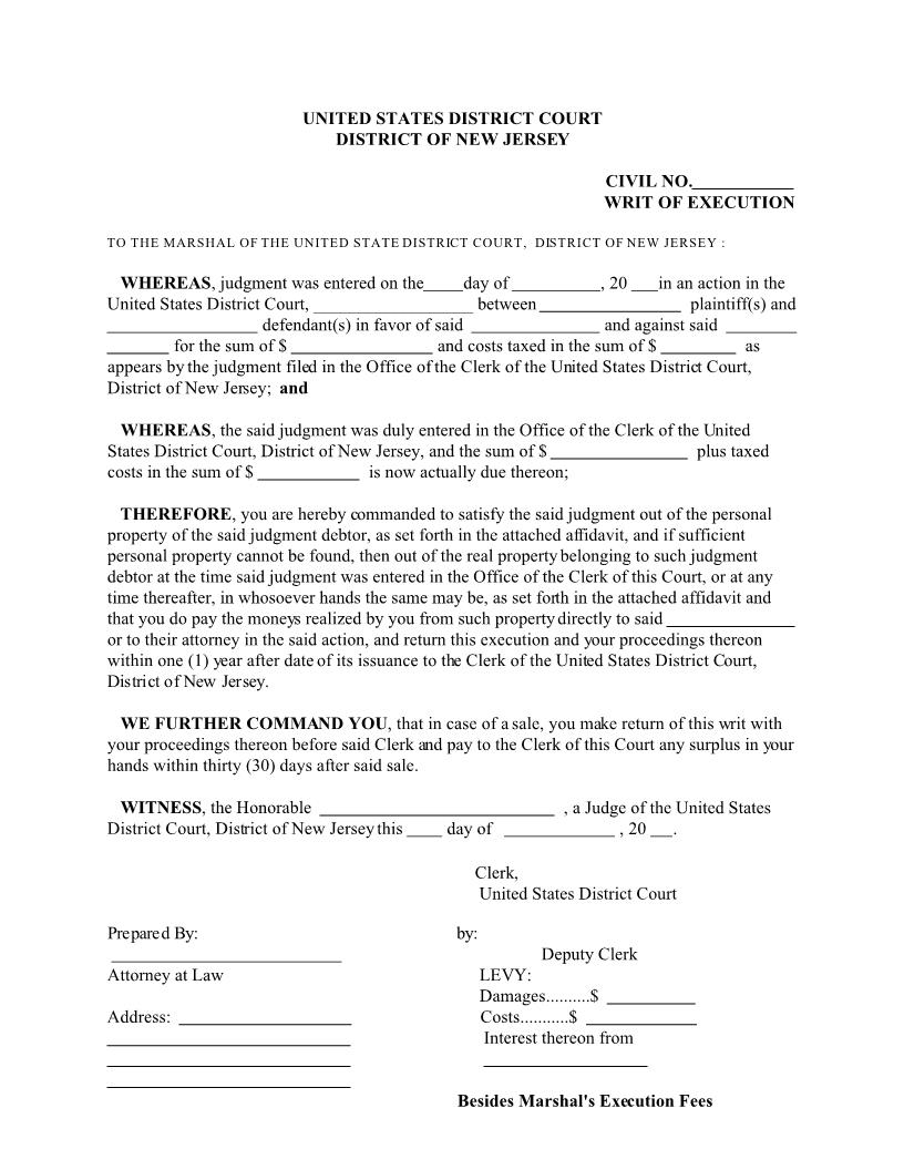 Writ of Execution With Affidavit {NJD WoE} | Pdf Fpdf Doc Docx | New Jersey