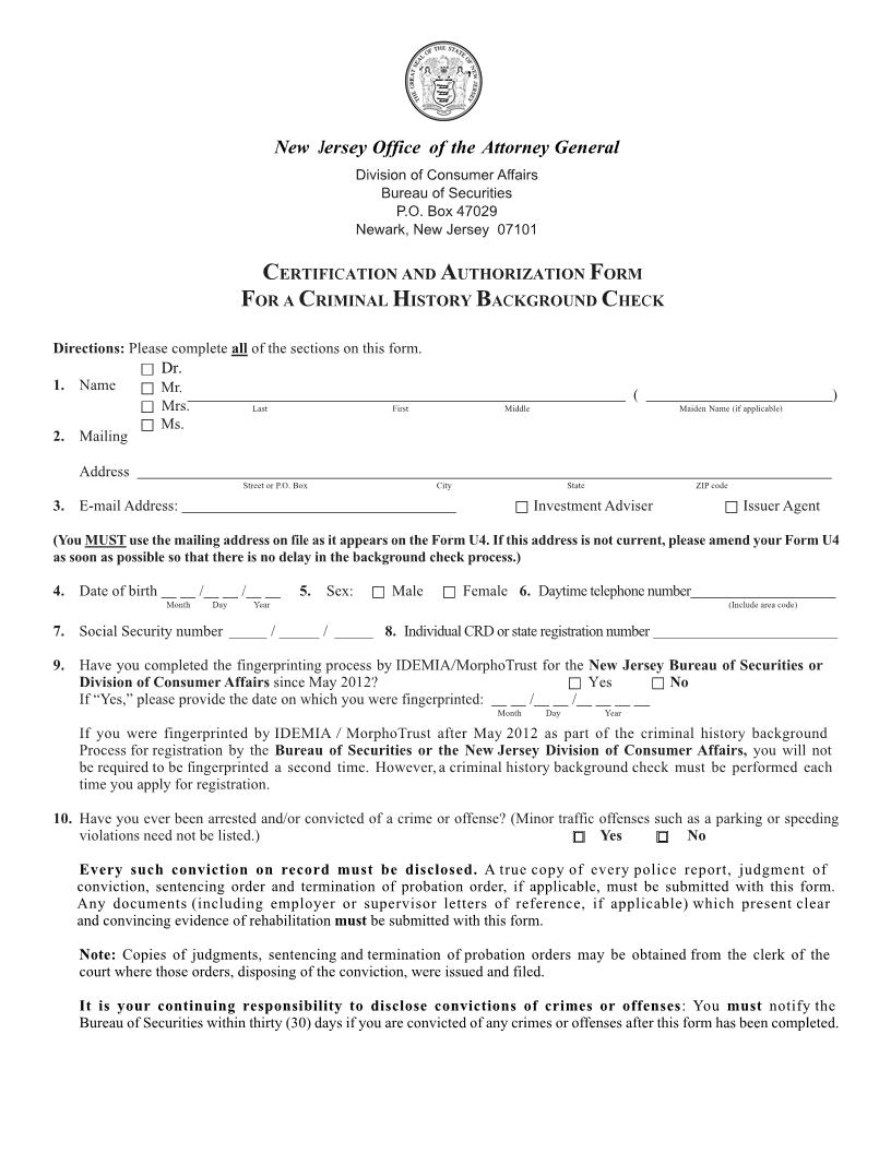 Certification And Authorization Form For Criminal History Background Check {NJBOS Form 4} | Pdf Fpdf Docx | New Jersey