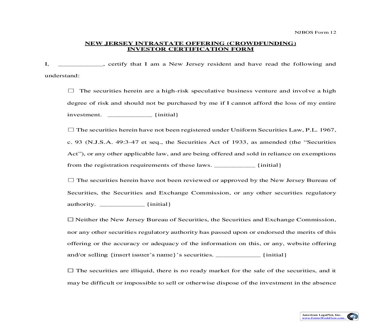 NJ Intrastate Offering (Crowdfunding) Investor Certification Form {NJBOS Form 12} | Pdf Fpdf Doc Docx | New Jersey