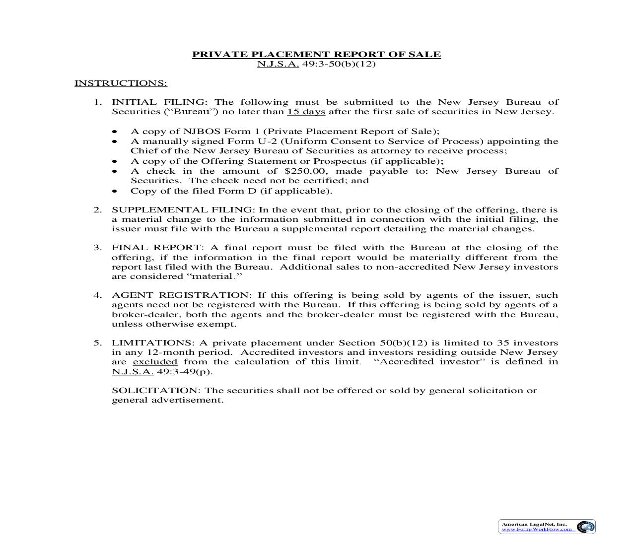 Private Placement Report Of Sale {NJBOS Form 1} | Pdf Fpdf Doc Docx | New Jersey