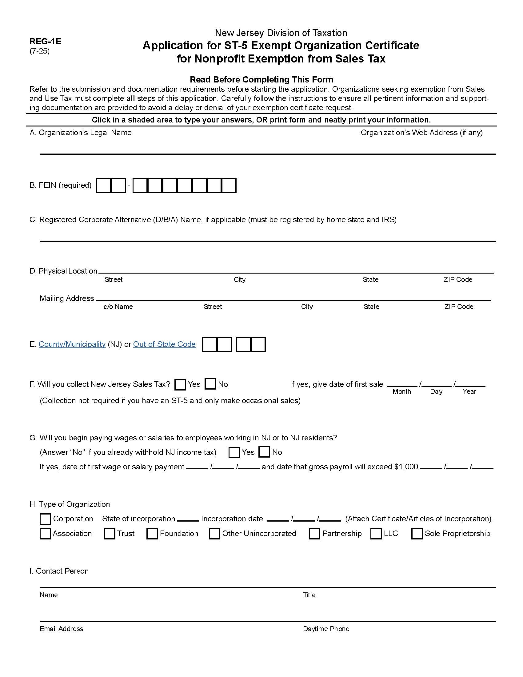 Application For ST-5 Exempt Organization Certificate Nonprofit From Exemption Sales Tax {REG-1E} | Pdf Fpdf Docx | New Jersey