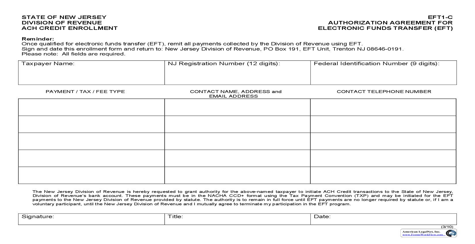 Authorization Agreement For Electronic Funds Transfer {EFT1-C} | Pdf Fpdf Doc Docx | New Jersey