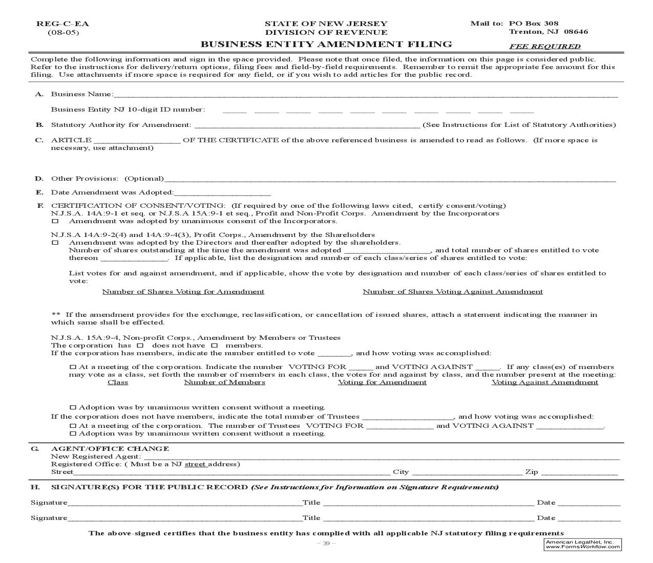 Business Entity Amendment Filing {REG-C-EA} | Pdf Fpdf Doc Docx | New Jersey