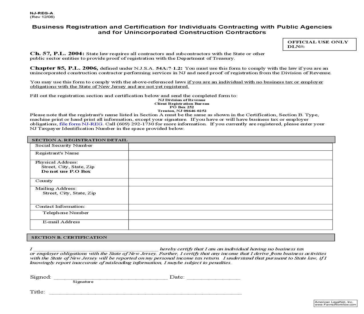 Certification And Registration For Individuals Contracting With State Agencies {REG-A} | Pdf Fpdf Doc Docx | New Jersey