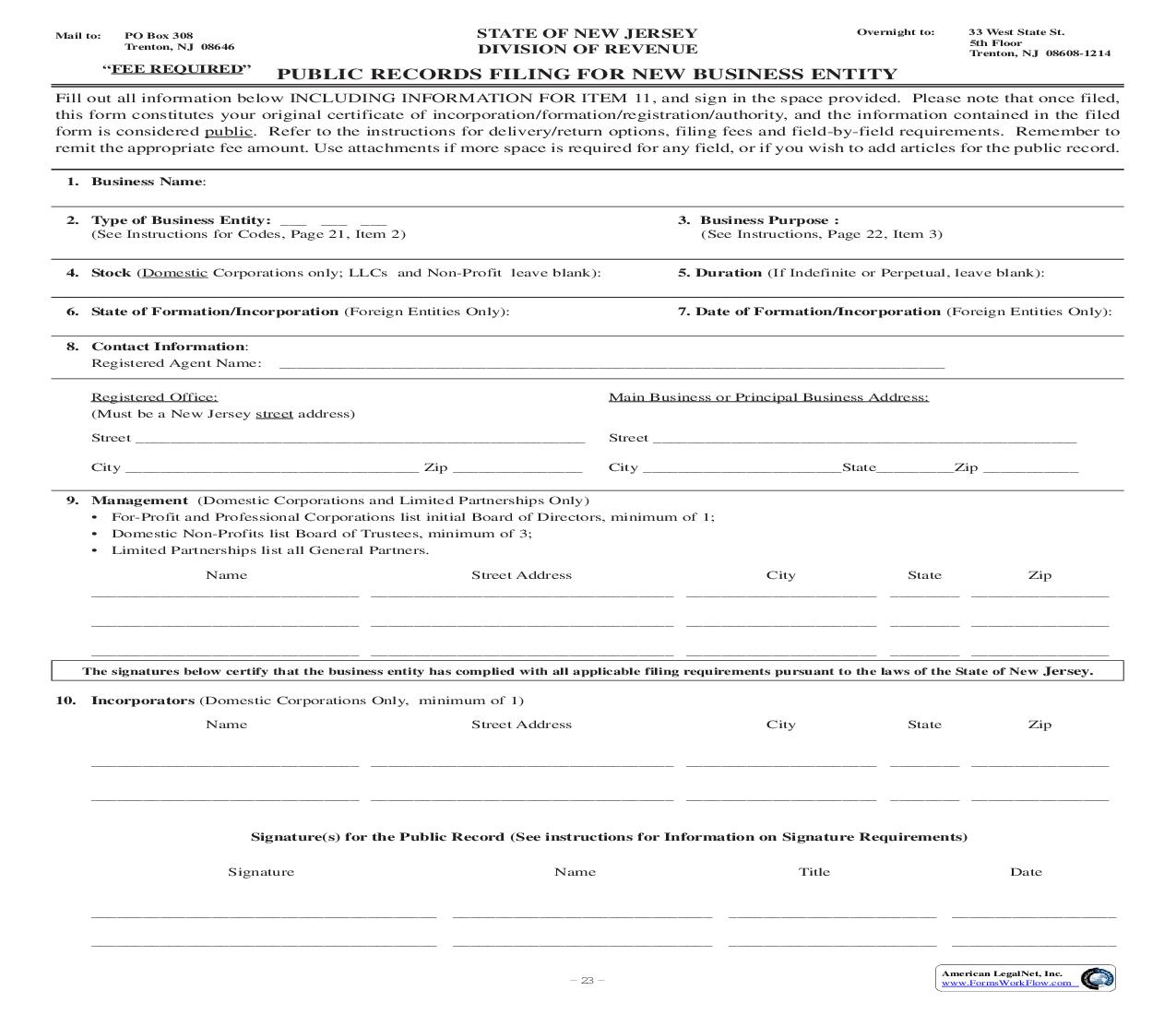 Public Records Filing For New Business Entity | Pdf Fpdf Doc Docx | New Jersey